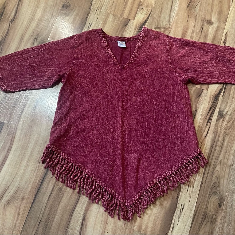 VTG Sea Breeze Boho Burgundy Fringe Tassel Hem Cotton Tunic Lagenlook Top Sz S